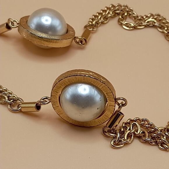 Vintage Long Two Strand Necklace, 6 Double Sided Faux Pearls, Gold Plated, 52 In - Picture 10 of 10
